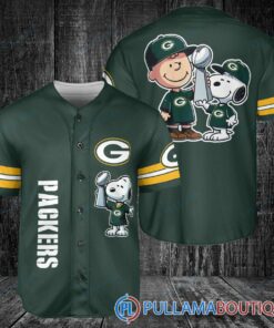 Green Bay Packers x Snoopy and Charlie Brown with Trophy Baseball Jersey Green