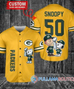 Green Bay Packers x Snoopy and Charlie Brown with Trophy Custom Baseball Jersey Gold