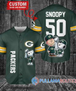 Green Bay Packers x Snoopy and Charlie Brown with Trophy Custom Baseball Jersey Green