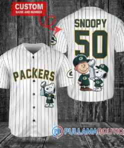 Green Bay Packers x Snoopy and Charlie Brown with Trophy Custom Baseball Jersey White