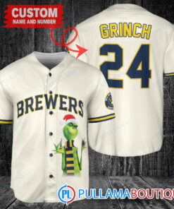 Grinch Christmas Milwaukee Brewers Custom Baseball Jersey Cream