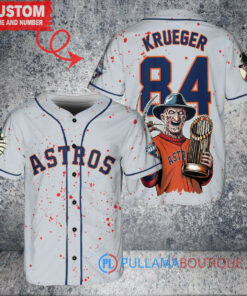 Houston Astros x Freddy Krueger A Nightmare on Elm Street Halloween with World Series Trophy Custom Baseball Jersey Gray