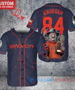 Houston Astros x Freddy Krueger A Nightmare on Elm Street Halloween with World Series Trophy Custom Baseball Jersey Navy City Connect