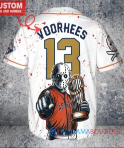 Houston Astros x Friday the 13th Jason Voorhees Halloween with World Series Trophy Custom Baseball Jersey White