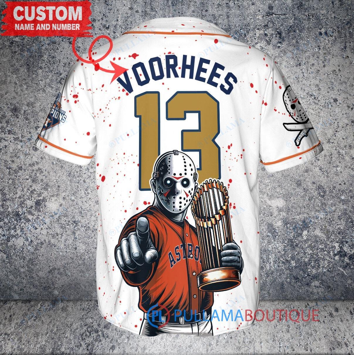 Cincinnati Reds x Friday the 13th Jason Voorhees Halloween with World Series Trophy Custom Baseball Jersey White