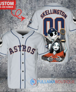 Houston Astros x Jack Skellington and Sally The Nightmare Before Christmas with World Series Trophy Custom Baseball Jersey Gray