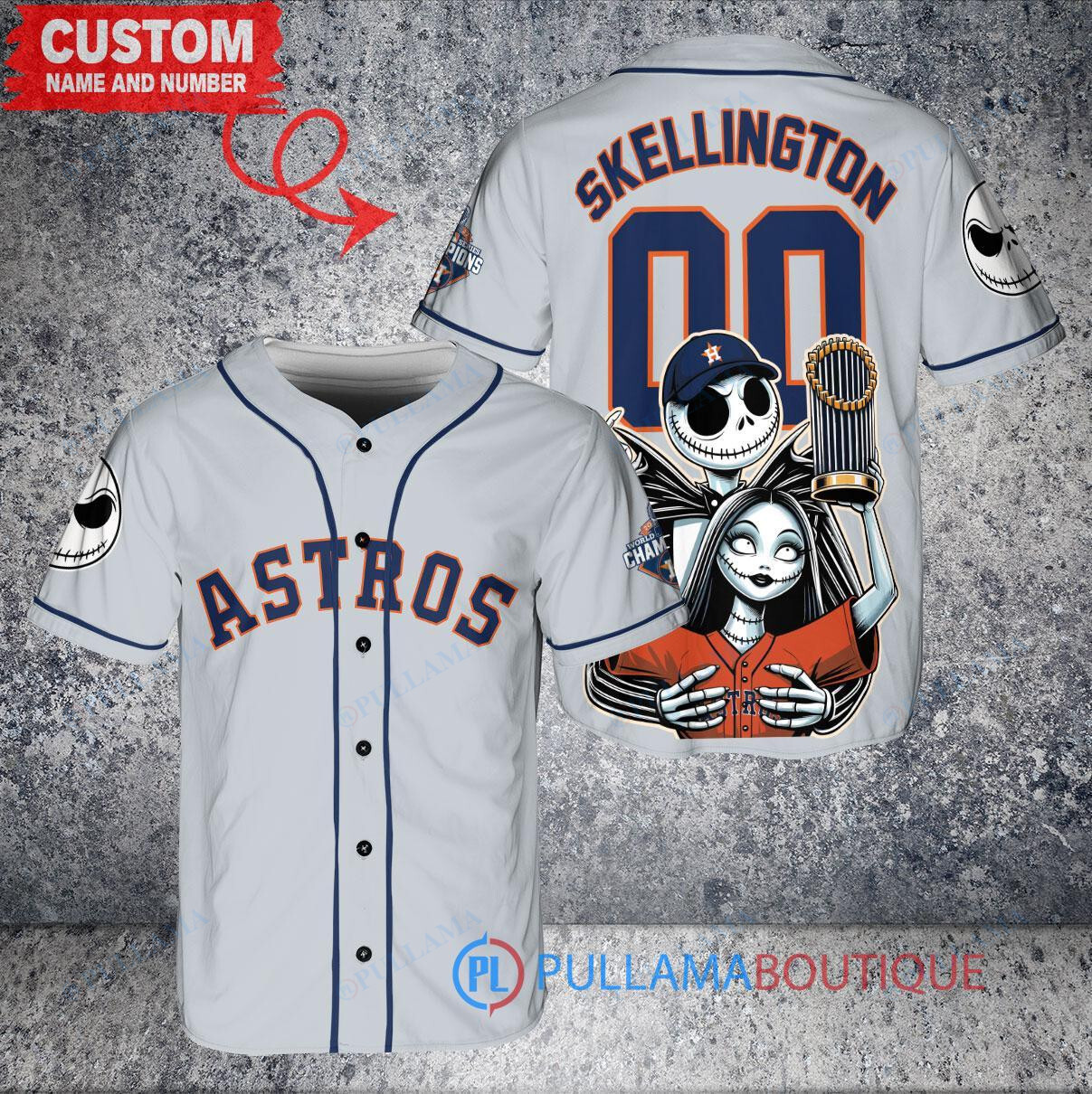 Atlanta Braves Jack Skellington Sally World Series Trophy Baseball Jersey White