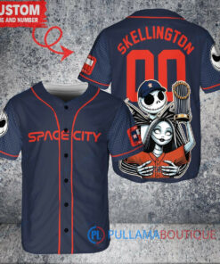 Houston Astros x Jack Skellington and Sally The Nightmare Before Christmas with World Series Trophy Custom Baseball Jersey Navy City Connect