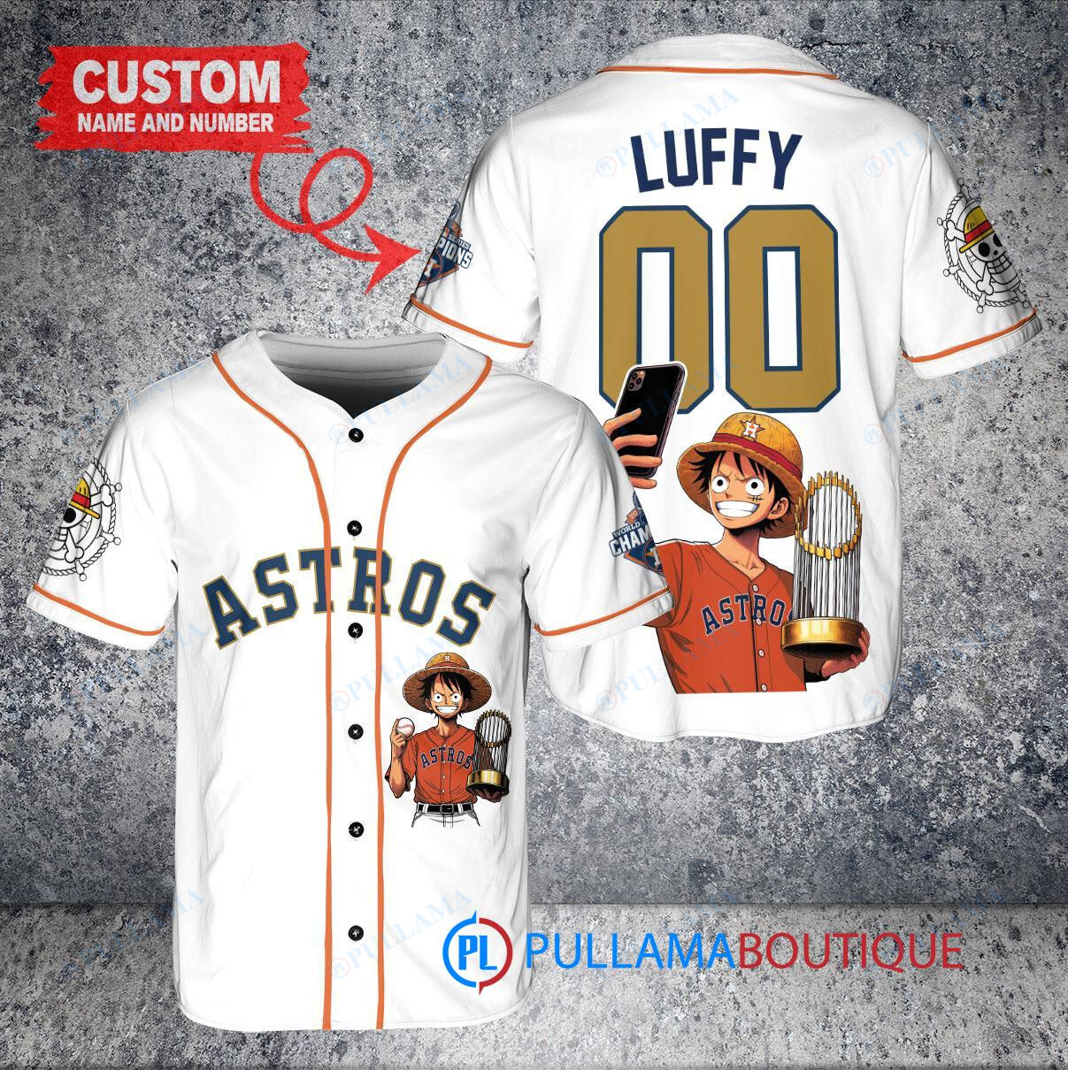 New York Yankees x Luffy One Piece with Trophy Custom Baseball Jersey Gray