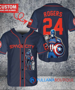 Houston Astros x Marvel Captain America Steve Rogers with Trophy Custom Baseball Jersey Navy City Connect