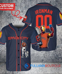 Houston Astros x Marvel Iron Man Tony Stark with Trophy Custom Baseball Jersey Navy City Connect