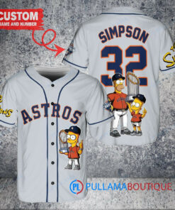 Houston Astros x The Simpsons Bart Simpson, Homer Simpson, Lisa Simpson with Trophy Custom Baseball Jersey Gray