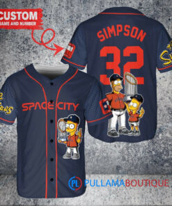 Houston Astros x The Simpsons Bart Simpson, Homer Simpson, Lisa Simpson with Trophy Custom Baseball Jersey Navy City Connect