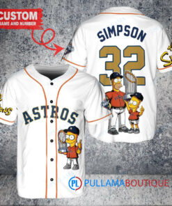 Houston Astros x The Simpsons Bart Simpson, Homer Simpson, Lisa Simpson with Trophy Custom Baseball Jersey White