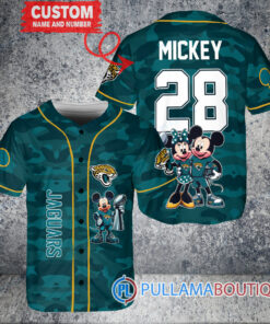 Jacksonville Jaguars x Mickey and Minnie with Trophy Custom Baseball Jersey Teal Military