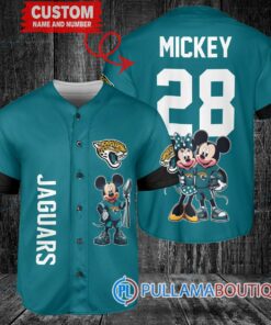 Jacksonville Jaguars x Mickey and Minnie with Trophy Custom Baseball Jersey Teal