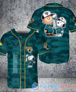 Jacksonville Jaguars x Snoopy and Charlie Brown with Trophy Baseball Jersey Teal Military