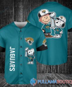 Jacksonville Jaguars x Snoopy and Charlie Brown with Trophy Baseball Jersey Teal