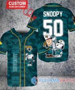 Jacksonville Jaguars x Snoopy and Charlie Brown with Trophy Custom Baseball Jersey Teal Military