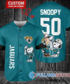 Jacksonville Jaguars x Snoopy and Charlie Brown with Trophy Custom Baseball Jersey Teal