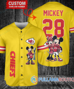 Kansas City Chiefs x Mickey and Minnie with Trophy Custom Baseball Jersey Gold