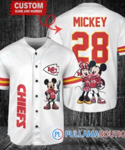 Kansas City Chiefs x Mickey and Minnie with Trophy Custom Baseball Jersey White