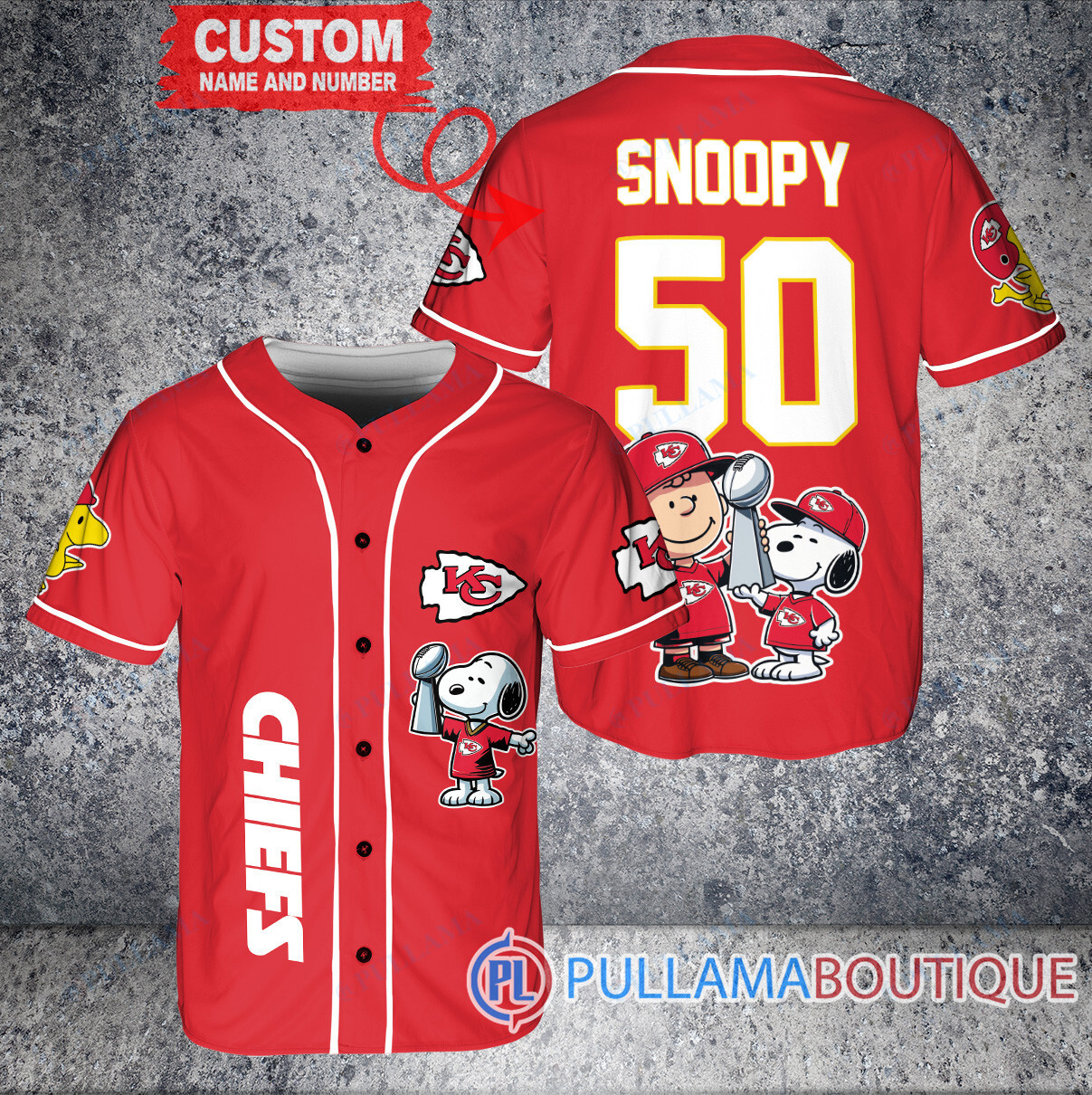 Buffalo Bills x Snoopy and Charlie Brown with Trophy Custom Baseball Jersey White