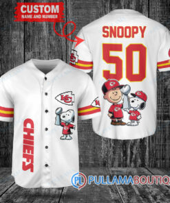 Kansas City Chiefs x Snoopy and Charlie Brown with Trophy Custom Baseball Jersey White