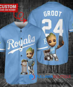 Kansas City Royals x Baby Groot Marvel Guardians Of The Galaxy with Trophy Custom Baseball Jersey Light Blue