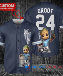 Kansas City Royals x Baby Groot Marvel Guardians Of The Galaxy with Trophy Custom Baseball Jersey Navy