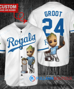 Kansas City Royals x Baby Groot Marvel Guardians Of The Galaxy with Trophy Custom Baseball Jersey White