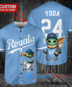 Kansas City Royals x Baby Yoda Star Wars The Mandalorian with Trophy Custom Baseball Jersey Light Blue