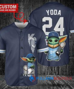 Kansas City Royals x Baby Yoda Star Wars The Mandalorian with Trophy Custom Baseball Jersey Navy