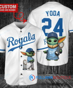 Kansas City Royals x Baby Yoda Star Wars The Mandalorian with Trophy Custom Baseball Jersey White