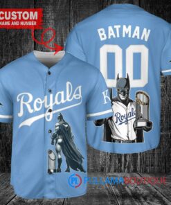 Kansas City Royals x DC Comics Batman The Dark Knight with Trophy Custom Baseball Jersey Light Blue