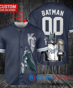 Kansas City Royals x DC Comics Batman The Dark Knight with Trophy Custom Baseball Jersey Navy