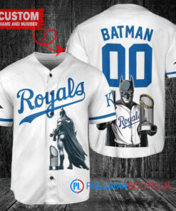 Kansas City Royals x DC Comics Batman The Dark Knight with Trophy Custom Baseball Jersey White