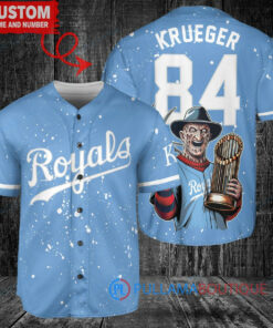 Kansas City Royals x Freddy Krueger A Nightmare on Elm Street Halloween with World Series Trophy Custom Baseball Jersey Light Blue