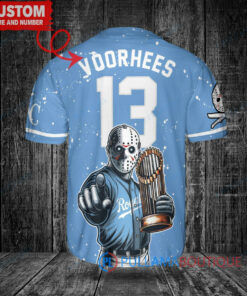 Kansas City Royals x Friday the 13th Jason Voorhees Halloween with World Series Trophy Custom Baseball Jersey Light Blue