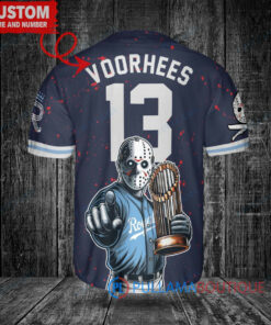 Kansas City Royals x Friday the 13th Jason Voorhees Halloween with World Series Trophy Custom Baseball Jersey Navy