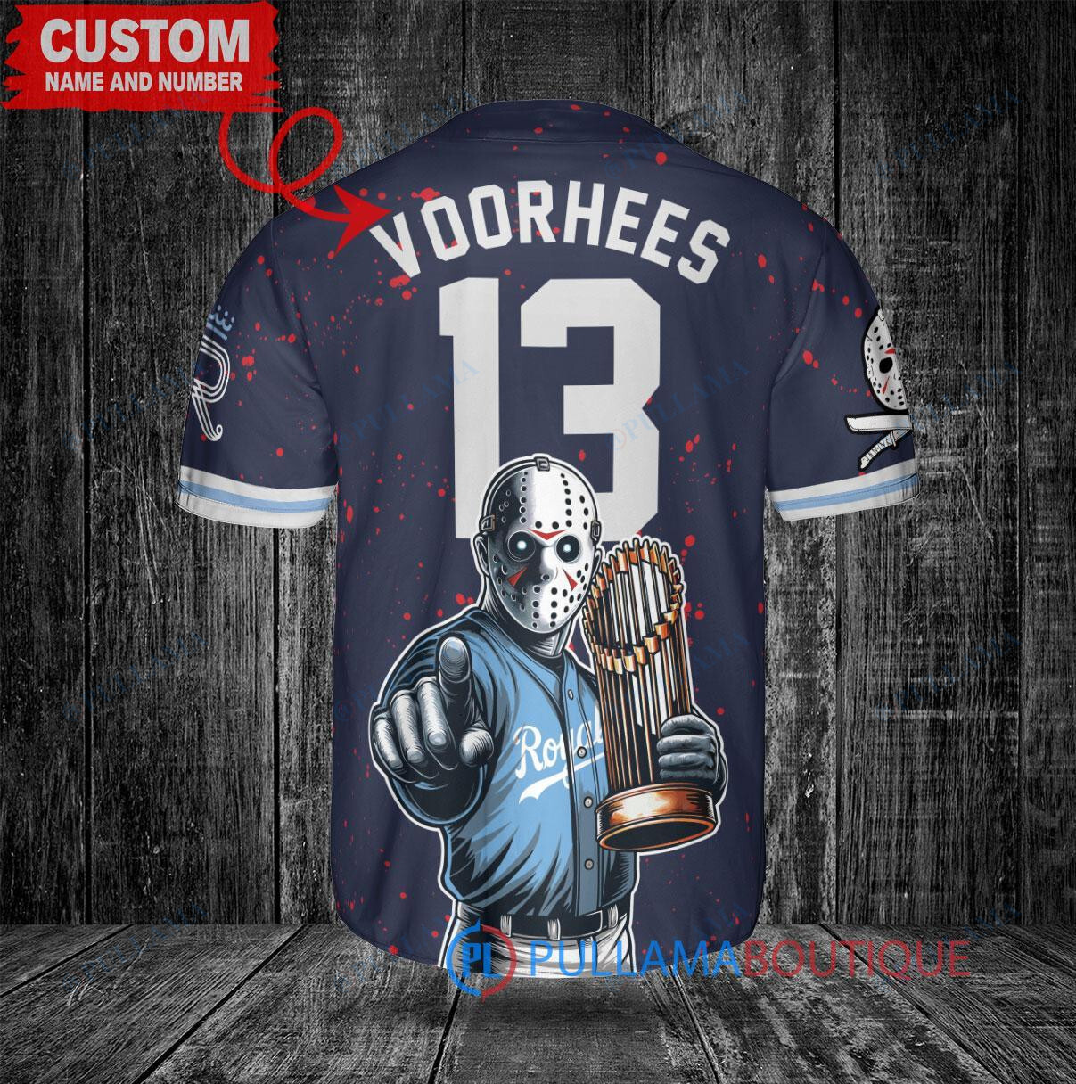 New York Mets x Friday the 13th Jason Voorhees Halloween with World Series Trophy Custom Baseball Jersey Royal