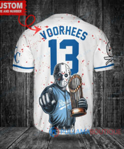 Kansas City Royals x Friday the 13th Jason Voorhees Halloween with World Series Trophy Custom Baseball Jersey White