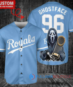 Kansas City Royals x Ghostface Scream Halloween Halloween with World Series Trophy Custom Baseball Jersey Light Blue