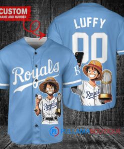 Kansas City Royals x Luffy One Piece with Trophy Custom Baseball Jersey Light Blue