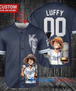 Kansas City Royals x Luffy One Piece with Trophy Custom Baseball Jersey Navy