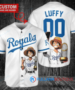 Kansas City Royals x Luffy One Piece with Trophy Custom Baseball Jersey White