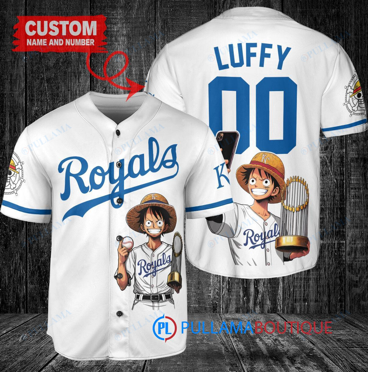 Boston Red Sox x Luffy One Piece with Trophy Custom Baseball Jersey Navy