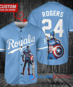 Kansas City Royals x Marvel Captain America Steve Rogers with Trophy Custom Baseball Jersey Light Blue