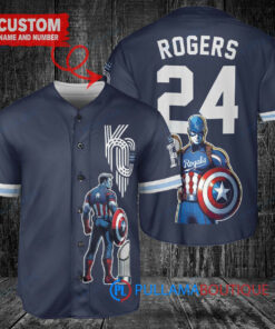 Kansas City Royals x Marvel Captain America Steve Rogers with Trophy Custom Baseball Jersey Navy