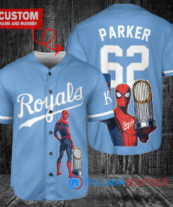 Kansas City Royals x Marvel Spiderman with Trophy Custom Baseball Jersey Light Blue